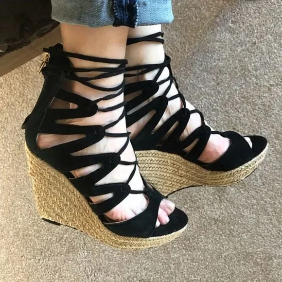 Saks Fifth Avenue Shoes Saks Fifth Avenue Black Lace Up Wedges